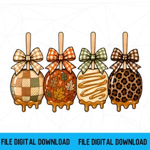May include: Four candy apples on sticks, each topped with a fabric bow. The first has a tan plaid pattern, the second features orange autumn leaves, the third has caramel drizzle, and the fourth displays a brown leopard print pattern.