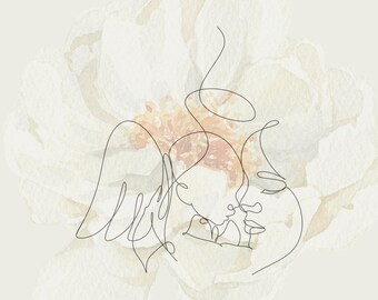May include: Line art drawing of a mother and child embracing, with a halo above the mother's head. The drawing is set against a watercolor background of a white flower.