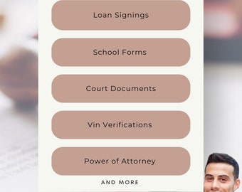 May include: Mobile notary services in Dallas, Texas. Services include loan signings, school forms, court documents, VIN verifications, and power of attorney. Contact information is provided: 012-345-6789, Youremail@mail.com, and @YourinstagramName.