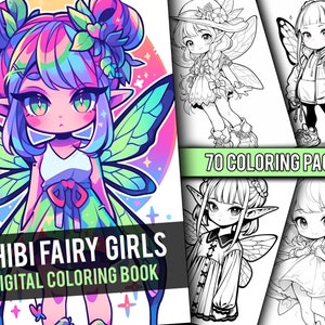 Könnte beinhalten: Ein digitales Malbuch mit 70 Malvorlagen von niedlichen Chibi-Feenmädchen. Das Cover zeigt eine farbenfrohe Illustration eines Feenmädchens mit großen Augen und Flügeln.