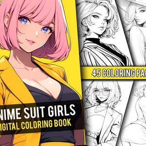 Anime Suit Girls Coloring Book 45 Page Cute Manga Fantasy Anime Coloring Pages for Adults & Children, Instant Download, Printable PDF