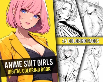 Anime Suit Girls Coloring Book 45 Page Cute Manga Fantasy Anime Coloring Pages for Adults & Children, Instant Download, Printable PDF