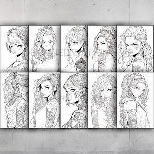 May include: A digital art print featuring nine black and white illustrations of women with intricate tattoos and hairstyles. The women are drawn in a realistic style with detailed facial features and expressions.
