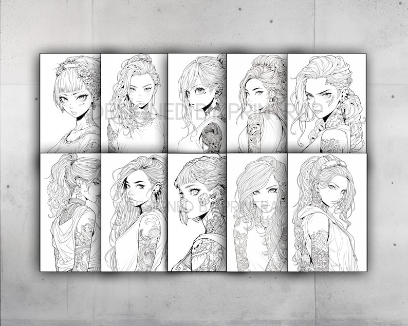 May include: A digital art print featuring nine black and white illustrations of women with intricate tattoos and hairstyles. The women are drawn in a realistic style with detailed facial features and expressions.