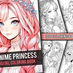 Anime princesse 100 pages livre de coloriage manga fantastique en niveaux de gris, pages à colorier pour enfants et adultes, téléchargement immédiat, PDF imprimable