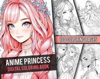Anime Princess 100 pagine Cute Manga Fantasy Libro da colorare in scala di grigi, pagine da colorare per bambini e adulti, download istantaneo, PDF stampabile
