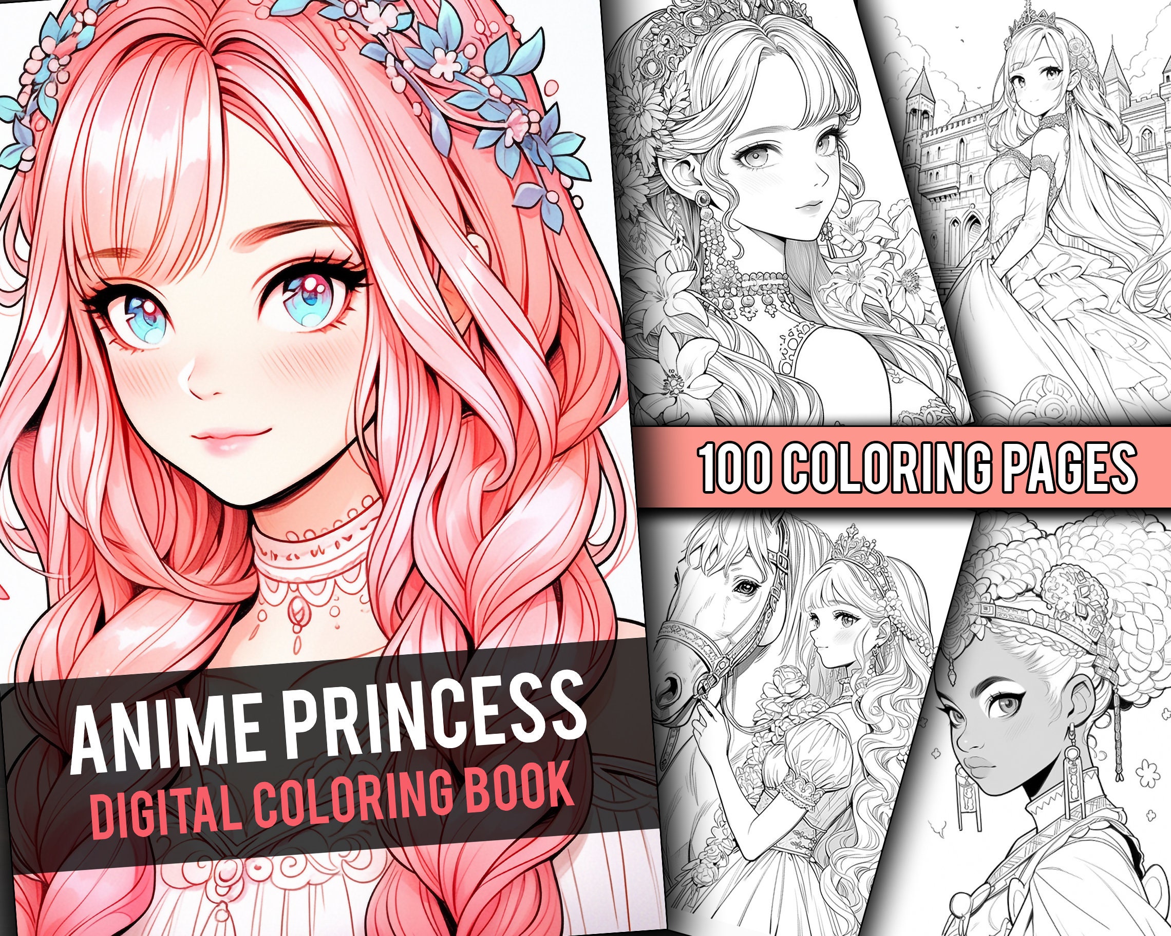 Anime Princess 100 Page Cute Manga Fantasy Greyscale Coloring Book, Coloring Pages for Children & Adults, Instant Download, Printable PDF
