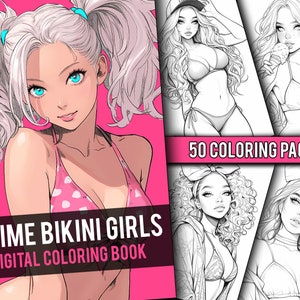 アニメビキニガールズぬりえ 50 ページ 大人向けかわいいマンガファンタジーアニメぬりえ、即時ダウンロード、印刷可能な PDF