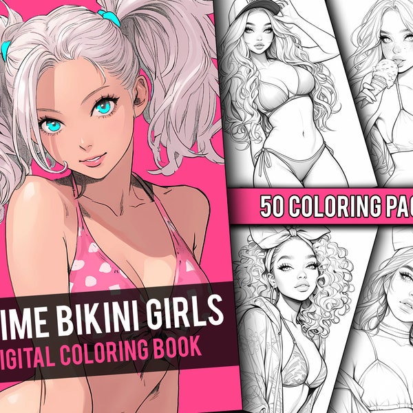 Anime Bikini Girls Coloring Book 50 Page Cute Manga Fantasy Anime Coloring Pages for Adults, Instant Download, Printable PDF