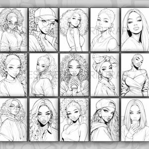 May include: A digital illustration of 12 black and white line drawings of women with different hairstyles and clothing. The women are all looking at the viewer.
