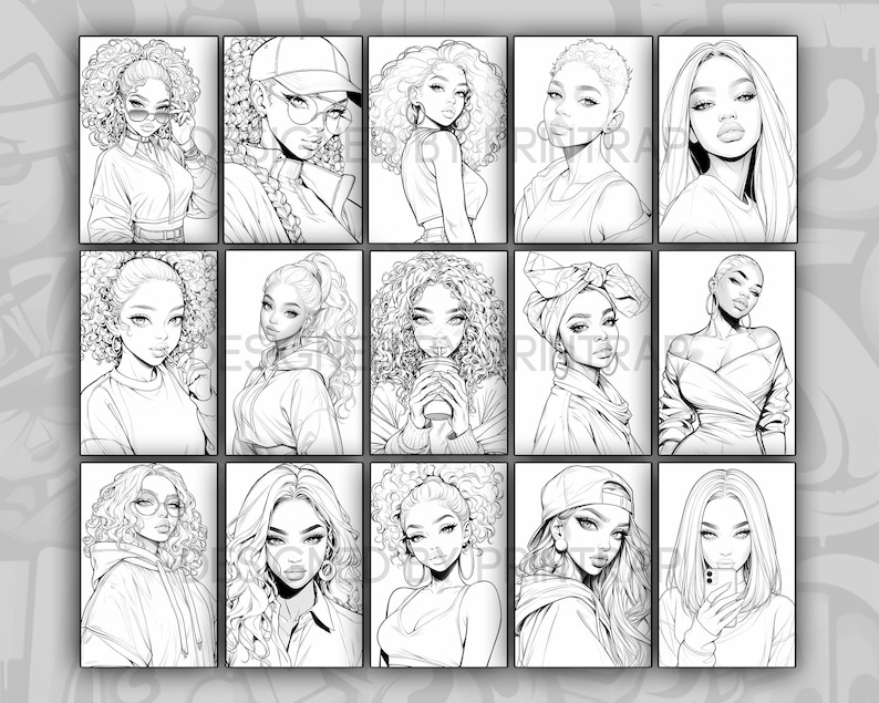 May include: A digital illustration of 12 black and white line drawings of women with different hairstyles and clothing. The women are all looking at the viewer.