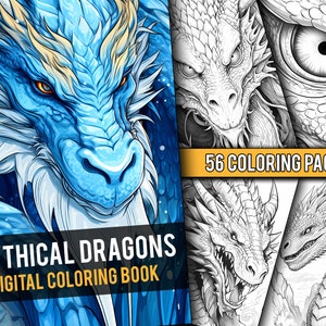 Mythical Dragons Fantasy Coloring Book 56 Page Greyscale Coloring Pages for Children & Adults, Instant Download, Printable PDF