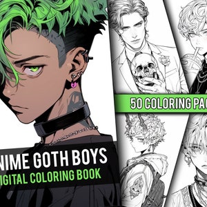 Anime Goth Boys Coloring Book 50 Page Manga Fantasy Greyscale Coloring Pages for Children & Adults, Instant Download, Printable PDF