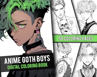 Anime Goth Boys Coloring Book 50 Page Manga Fantasy Greyscale Coloring Pages for Children & Adults, Instant Download, Printable PDF