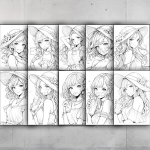 May include: A black and white illustration featuring ten panels of anime-style women wearing sun hats with floral accents. The women are depicted in various poses, some holding drinks.