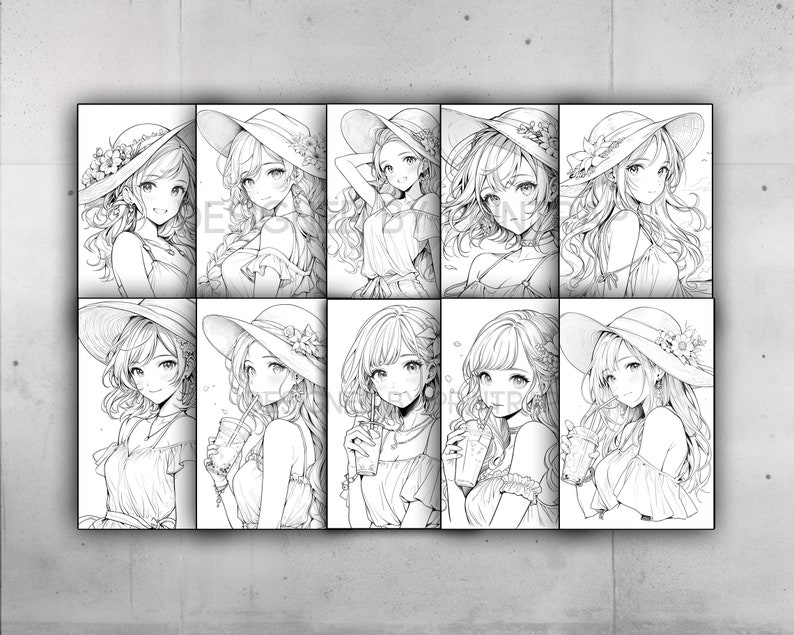 May include: A black and white illustration featuring ten panels of anime-style women wearing sun hats with floral accents. The women are depicted in various poses, some holding drinks.