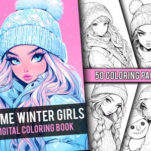 Anime Winter Girls Coloring Book 50 Page Cute Manga Fantasy Anime Coloring Pages for Adults & Children, Instant Download, Printable PDF