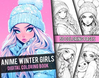 Anime Winter Girls Coloring Book 50 Page Cute Manga Fantasy Anime Coloring Pages for Adults & Children, Instant Download, Printable PDF