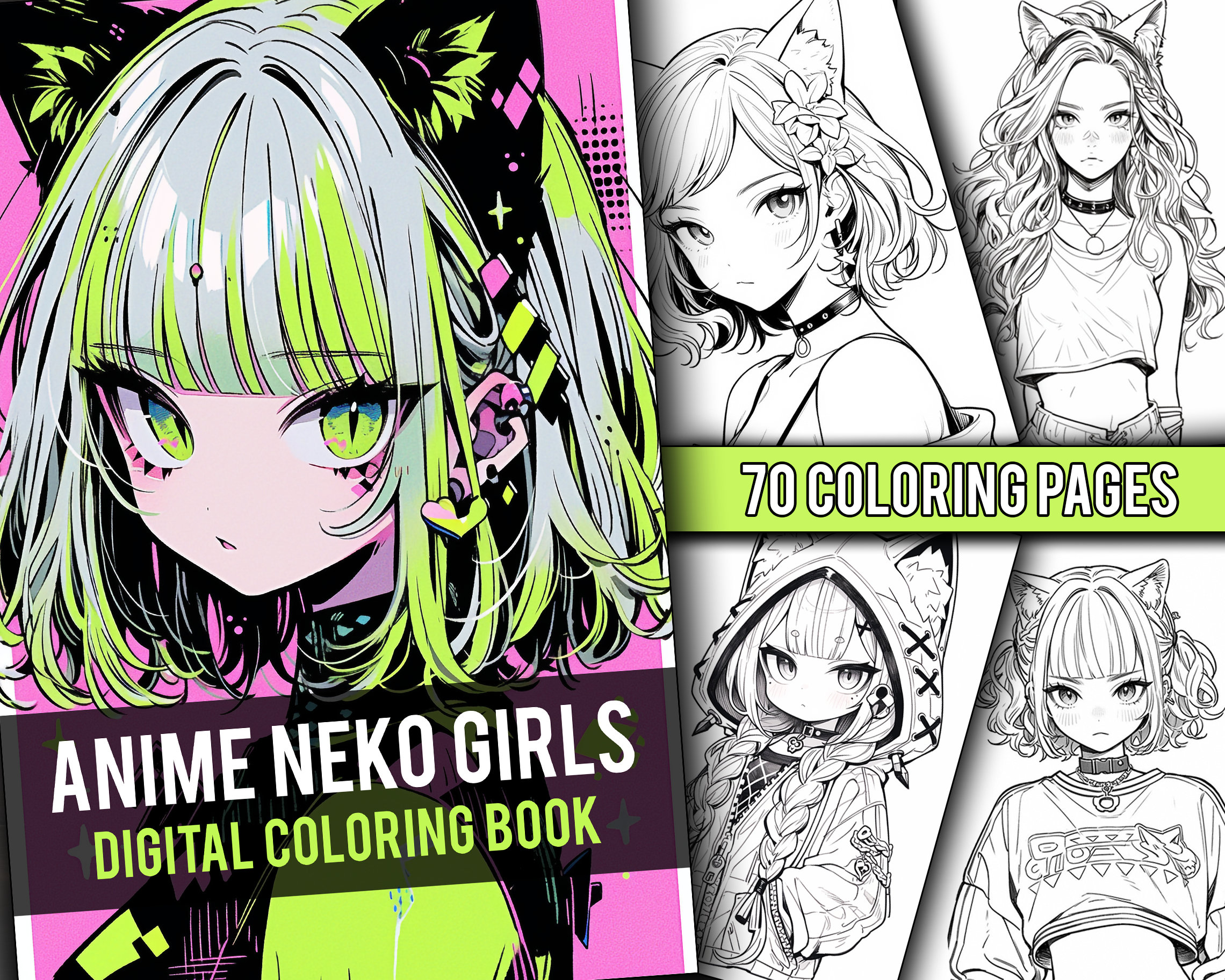 Give 30 neko girls coloring pages anime coloring book for adults by  Nskfactory