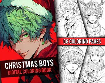 Anime Christmas Boys Coloring Book 58 Page Manga Fantasy Coloring Pages for Children & Adults, Instant Download, Printable PDF