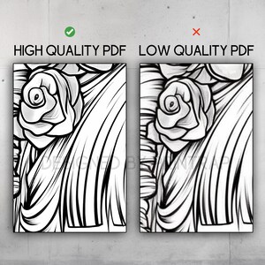 May include: Two framed black and white floral art prints. The left print is labeled "HIGH QUALITY PDF" and the right print is labeled "LOW QUALITY PDF". The floral design features a rose and flowing lines.