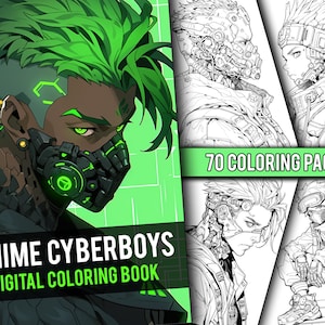 Anime Cyberpunk Boys kleurboek, 70 pagina Fantasy Manga kleurplaten voor kinderen en volwassenen, Instant Download, afdrukbare PDF