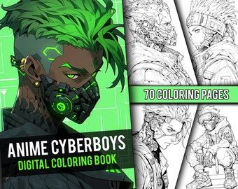 Anime Cyberpunk Boys kleurboek, 70 pagina Fantasy Manga kleurplaten voor kinderen en volwassenen, Instant Download, afdrukbare PDF