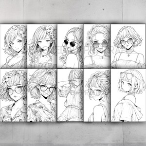 May include: A black and white print featuring ten anime-style portraits of women. Each portrait showcases a different hairstyle, some with flowers or sunglasses. The artwork is displayed on a white background.