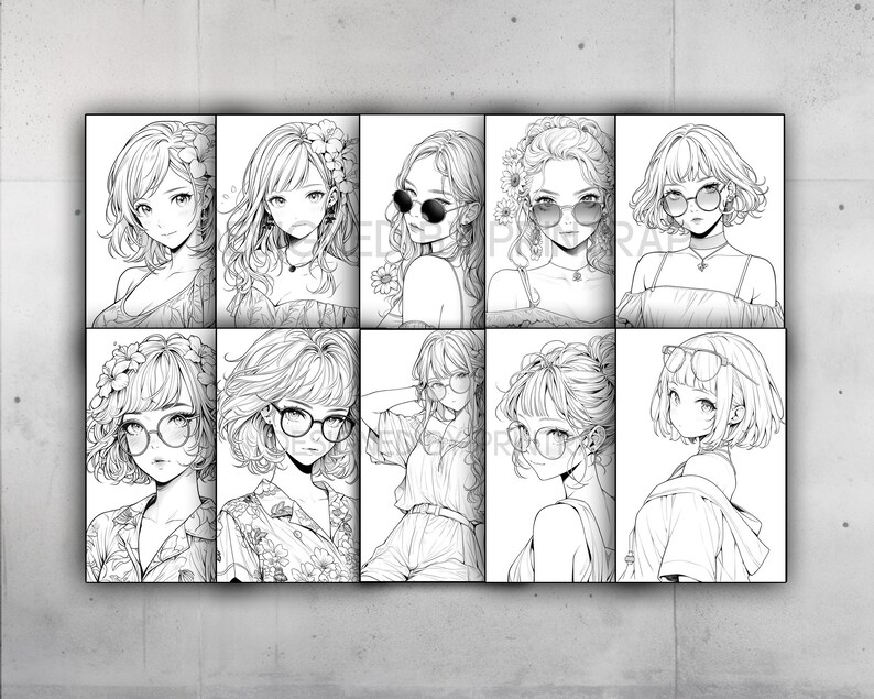 May include: A black and white print featuring ten anime-style portraits of women. Each portrait showcases a different hairstyle, some with flowers or sunglasses. The artwork is displayed on a white background.