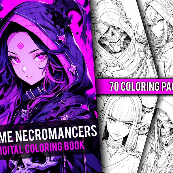 Anime Necromancers Malbuch 70 Seiten Manga Fantasy Malseiten für Kinder & Erwachsene, zum sofortigen Download, druckbare PDF-Datei