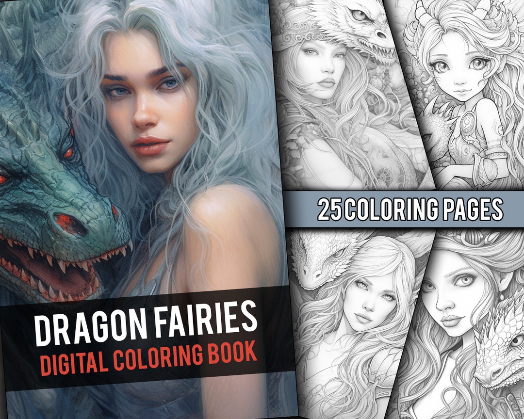 Beautiful Dragon Girls Greyscale Coloring Book 25 Page Digital Coloring ...