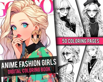 Peut inclure: Un livre de coloriage numérique avec 50 pages de filles d'anime à la mode. La couverture présente une fille d'anime blonde aux yeux bleus portant une veste verte à motifs floraux. Le titre "Anime Fashion Girls Digital Coloring Book" est affiché sur la couverture.
