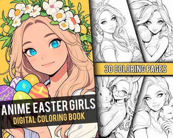Anime Easter Girls Coloring Book 30 Page Cute Manga Fantasy Anime Coloring Pages for Adults & Children, Instant Download, Printable PDF