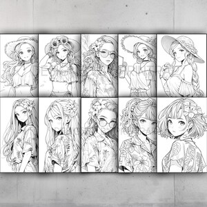May include: A black and white illustration featuring ten panels, each depicting a different anime-style woman. The women are wearing summer attire, including hats, floral shirts, and sunglasses. The artwork is detailed with flowing hair and delicate features.