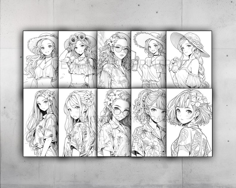 May include: A black and white illustration featuring ten panels, each depicting a different anime-style woman. The women are wearing summer attire, including hats, floral shirts, and sunglasses. The artwork is detailed with flowing hair and delicate features.