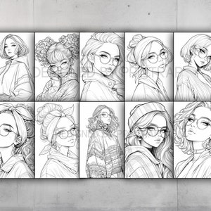 May include: A set of ten black and white line drawings of women with different hairstyles and clothing. Each woman is wearing glasses.