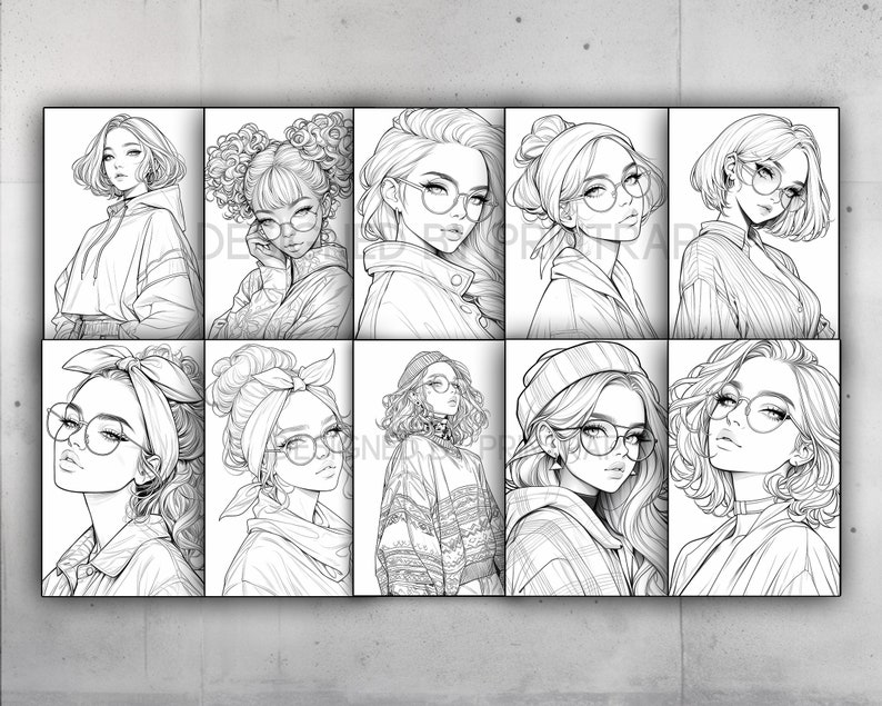 May include: A set of ten black and white line drawings of women with different hairstyles and clothing. Each woman is wearing glasses.