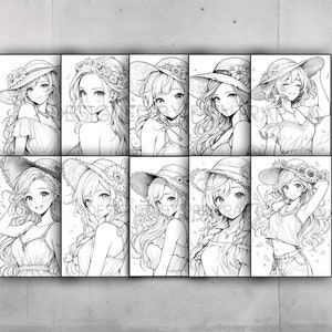 May include: A black and white illustration featuring ten panels, each depicting a different anime-style girl. The girls are wearing summer hats and dresses, with floral and lace details. The artwork is a line drawing, suitable for coloring.