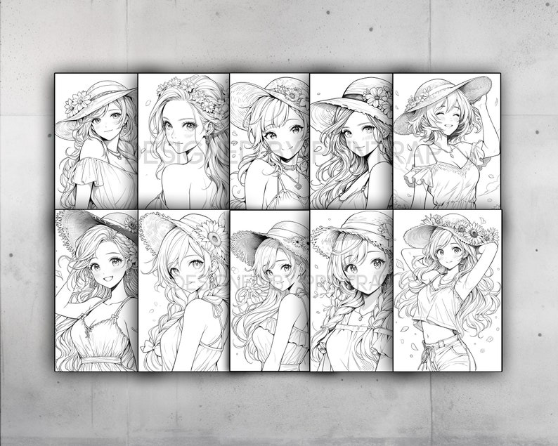 May include: A black and white illustration featuring ten panels, each depicting a different anime-style girl. The girls are wearing summer hats and dresses, with floral and lace details. The artwork is a line drawing, suitable for coloring.