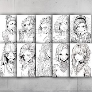 May include: A set of nine black and white illustrations of women with different hairstyles and tattoos. Each illustration features a woman with a unique style and expression.