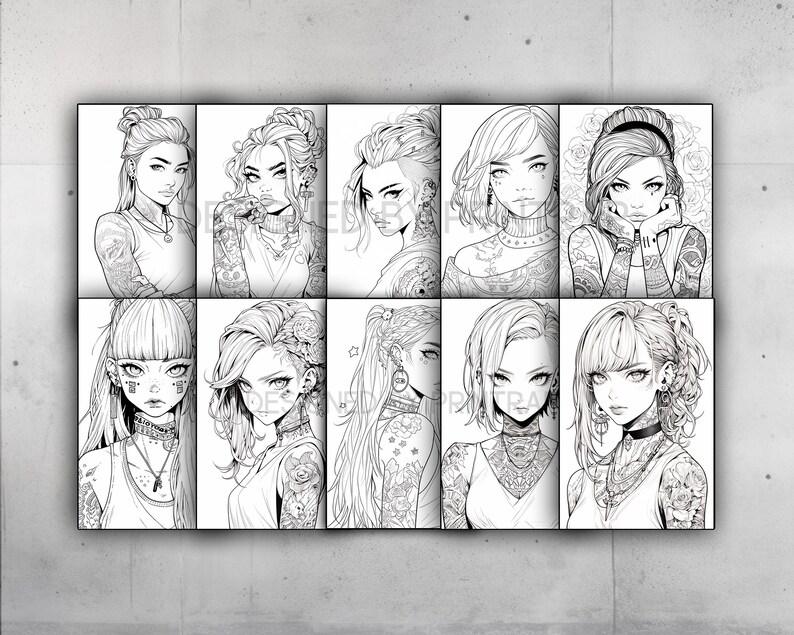 May include: A set of nine black and white illustrations of women with different hairstyles and tattoos. Each illustration features a woman with a unique style and expression.
