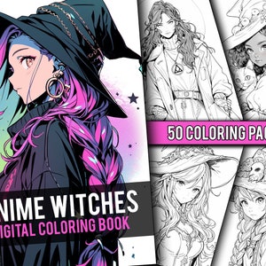 Anime Witch Girls Coloring Book 50 Page Manga Fantasy Anime Coloring Pages for Adults & Children, Instant Download, Printable PDF