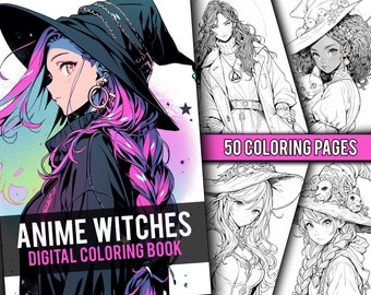 Anime Witch Girls Coloring Book 50 Page Manga Fantasy Anime Coloring Pages for Adults & Children, Instant Download, Printable PDF