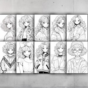 May include: A digital illustration of nine anime-style characters with curly hair. Each character is wearing a different outfit and has a unique hairstyle. The illustrations are in black and white.