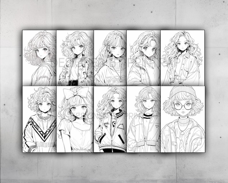 May include: A digital illustration of nine anime-style characters with curly hair. Each character is wearing a different outfit and has a unique hairstyle. The illustrations are in black and white.