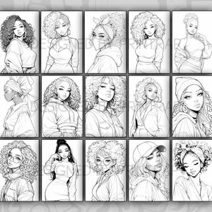May include: A digital illustration of 12 black and white line drawings of women with curly hair. Each woman is wearing a different outfit and has a different hairstyle.
