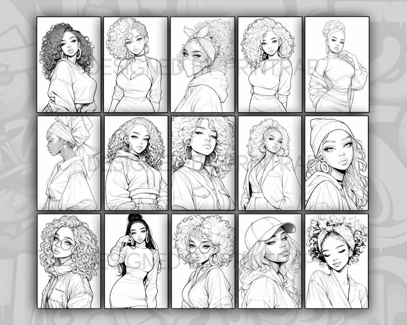 May include: A digital illustration of 12 black and white line drawings of women with curly hair. Each woman is wearing a different outfit and has a different hairstyle.