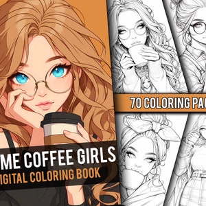 Anime Coffee Girls Coloring Book 70 Page Cute Manga Fantasy Anime Coloring Pages for Adults & Children, Instant Download, Printable PDF