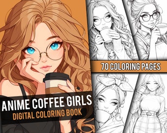 Anime Coffee Girls Coloring Book 70 Page Cute Manga Fantasy Anime Coloring Pages for Adults & Children, Instant Download, Printable PDF