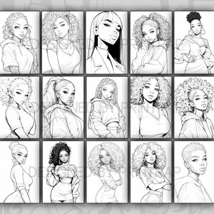 May include: A digital illustration of 12 black and white line drawings of women with different hairstyles and clothing. The women are all looking at the viewer.